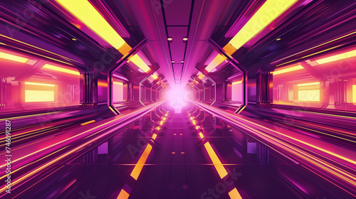 Futuristic interior, image captures corridor bathed in a bright pink and yellow neon light, leading towards a luminous portal, creating an impression of stepping into a vibrant sci-fi dimension