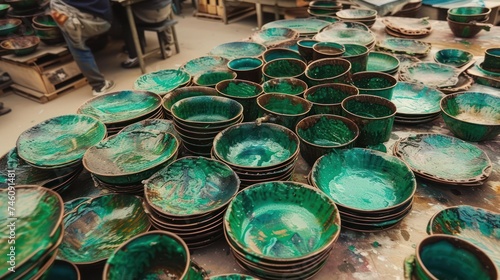 a pile of green plates sitting on top of a table next to a pile of other green plates on top of a table. © Anna