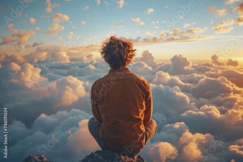 An individual sits atop a cliff, lost in contemplation, gazing at a captivating, cloud-filled sky at sunset