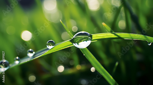 Glistening Dew Beautiful Water Drop Sparkle on Grass Blade, Beautiful Water Drop Sparkle on a Blade of Grass 