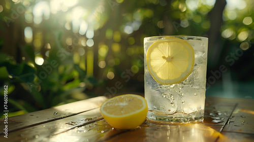 Refrescante limonada gelada em uma mesa rústica com fatia de limão e folhas de hortelã em close com lente 50mm photo