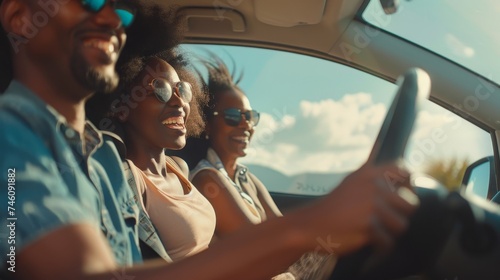 An African American family riding in a car while traveling by automobile on a summer road trip. Panorama, selective focus.