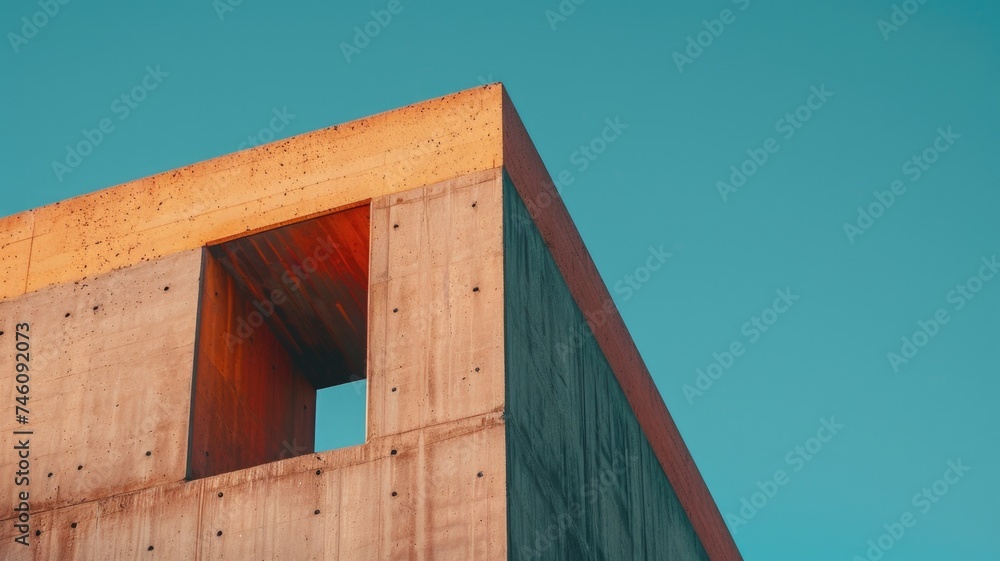 Upward view of a brutalist building's textured façade, featuring a grid of square windows Upward view of a brutalist building's textured façade, featuring a grid of square windows