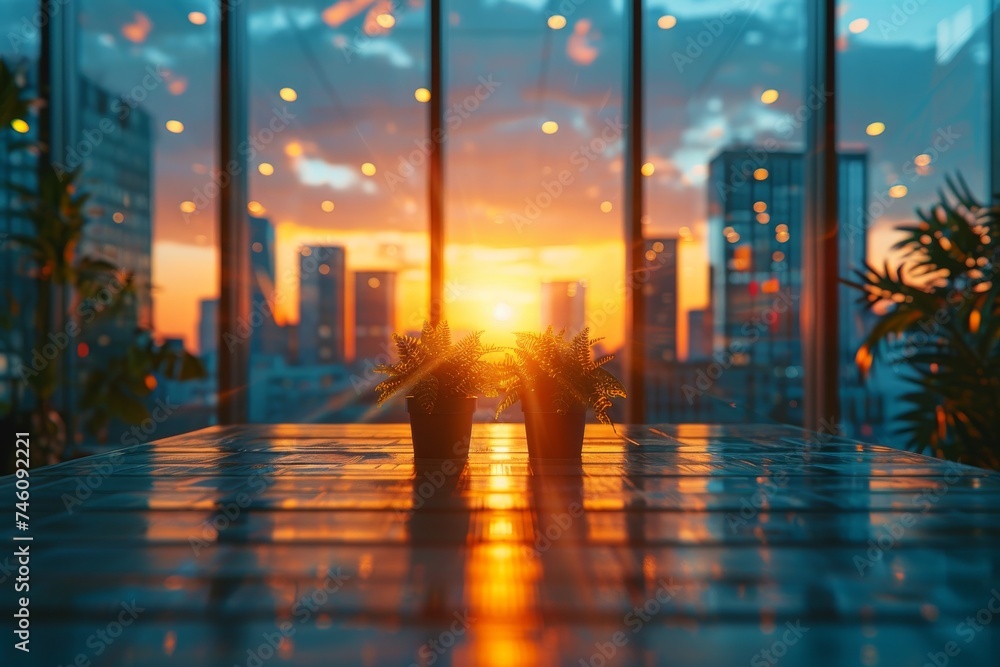 A serene sunset scene, viewed through a clean office window, reflected on a shiny surface