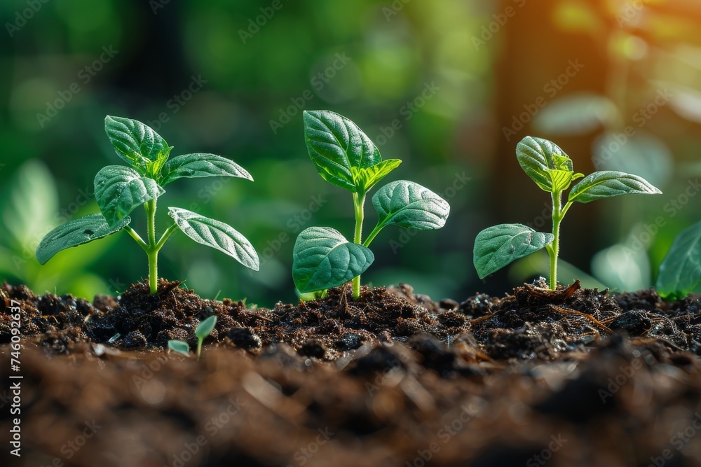 The growth of three seedlings in fertile soil represents new life and the concept of growth and sustainability The growth of three seedlings in fertile soil represents new life and the concept of growth and sustainability