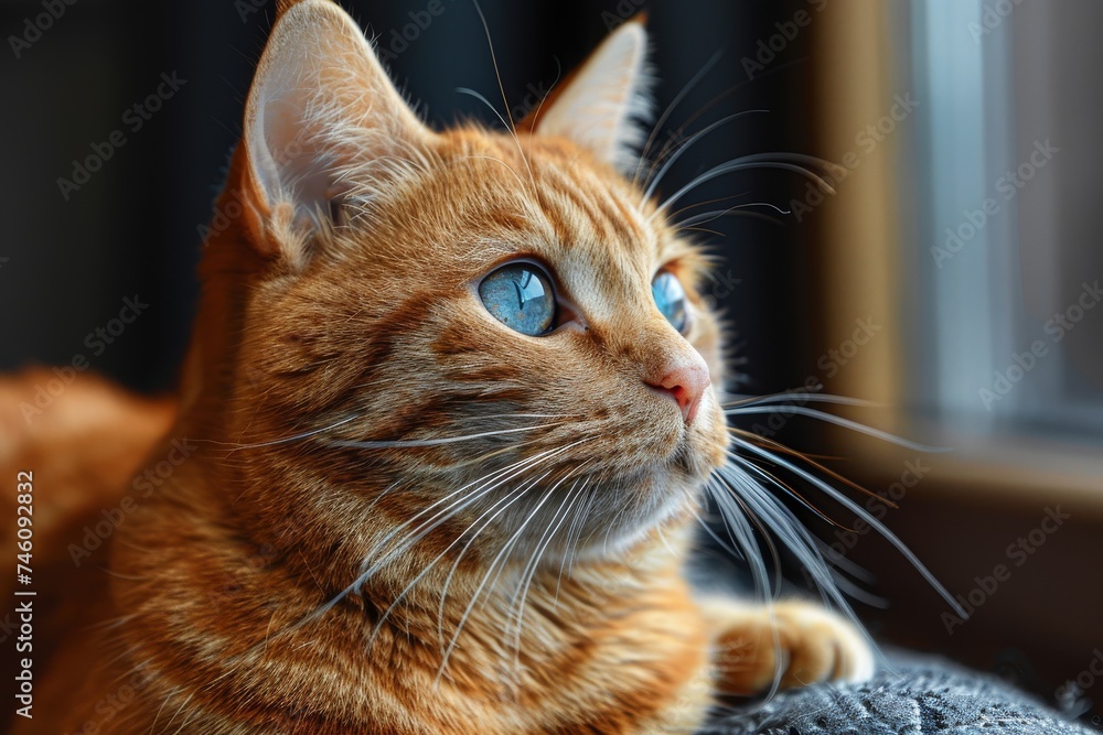 The close-up shot captures the intense gaze and the fine details of a stunning orange cat looking out a window with vivid blue eyes