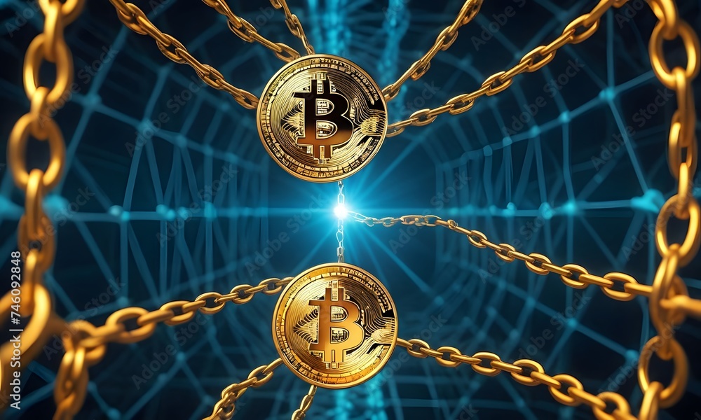 A Bitcoin is suspended between chain links, highlighting the transaction flow within the blockchain network. The digital background suggests a seamless integration of technology and finance. AI