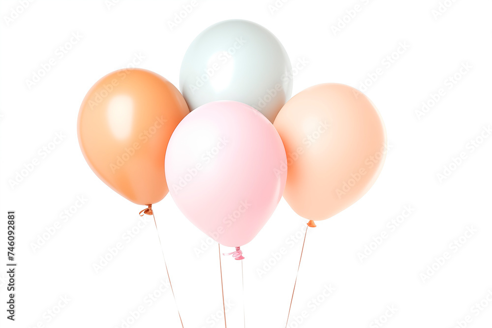 many pastel colorful bright balloons on a white background with copy space.