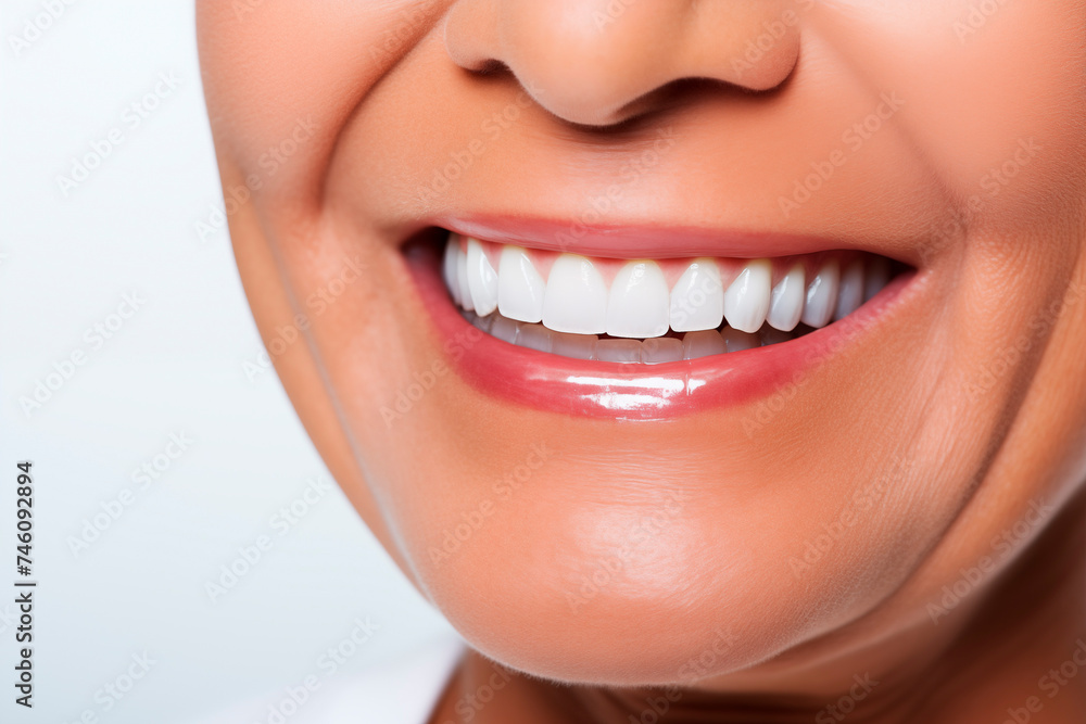 Naklejka premium Close up shot of a woman's smile with white healthy teeth. Dental care. Dentistry concept.