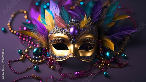 Top view of carnival mask decorated with feathers and beads