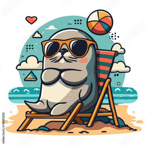 graphics of a seal on a deckchair on the beach on vacation