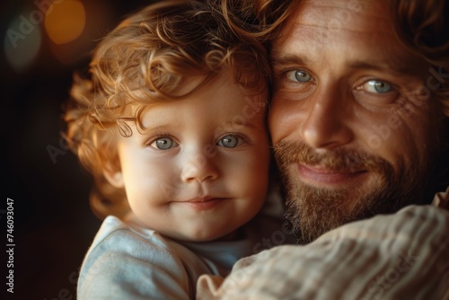 A close-up of a man holding a toddler, showing their similar features and joyful connection