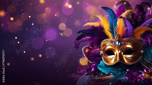 Top view of carnival mask decorated with feathers and beads © ma