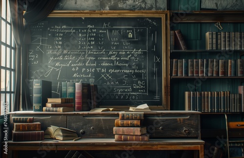 Books fronted by a blackboard with a math equation in the background. Generated by artificial intelligence. 