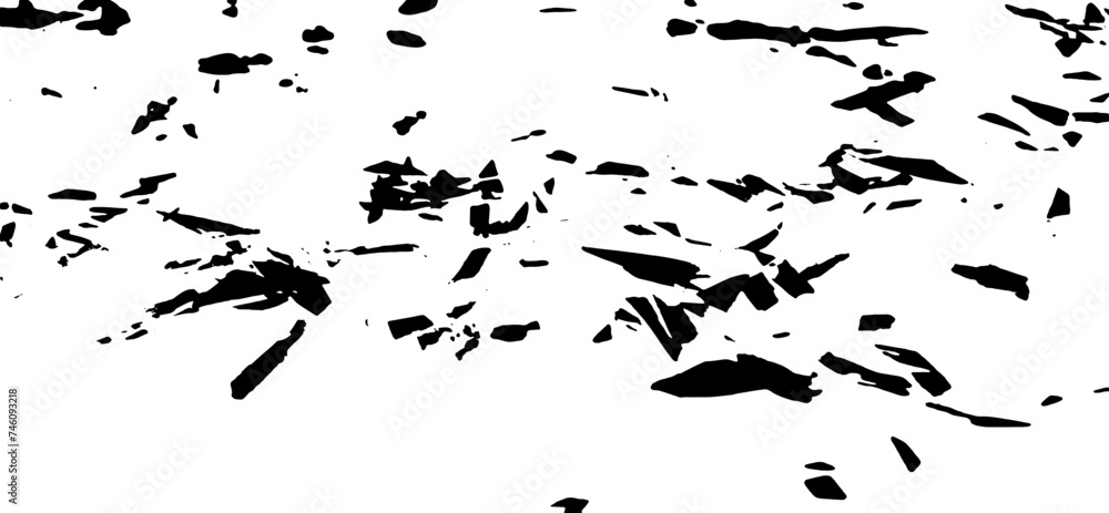 Monochrome texture composed of irregular graphic elements. Distressed uneven grunge background. Abstract vector illustration. Overlay for interesting effect and depth. Isolated on white background.