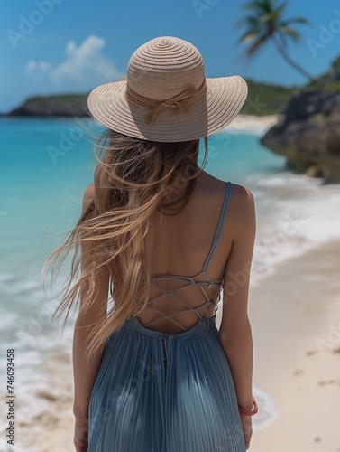 Rear view of a lonely woman in a dress and straw hat walking on the beach