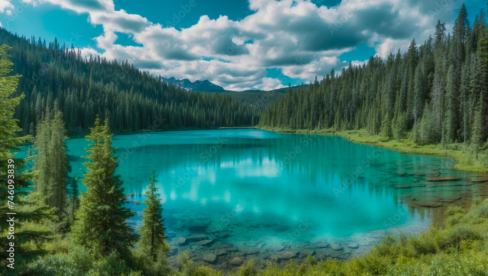 Beautiful lake surrounded by forests and mountains