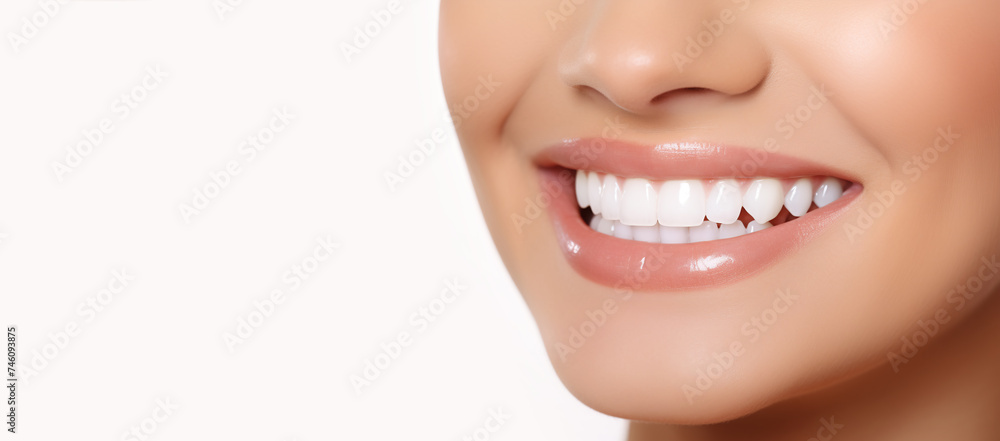 Obraz premium Long banner with close up of mouth of woman smiling. White healthy teeth. Orthodontics dental treatment straightening concept. White background with copy space