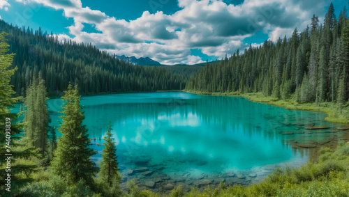 Beautiful lake surrounded by forests and mountains
