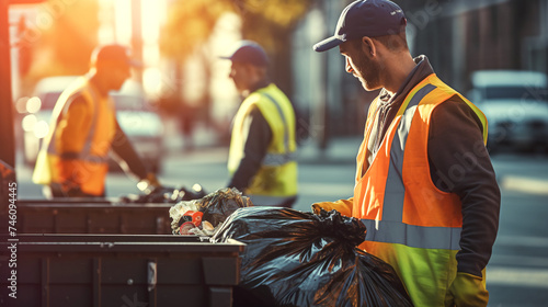City cleaning and waste management services professional picking up black garbage bags on the streets.