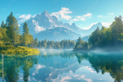 Mountain lake crystal-clear water reflects mountain peaks surrounded by green forests 