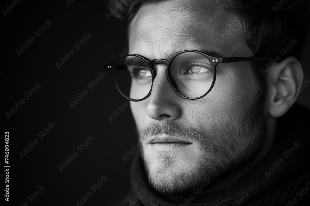 Handsome man in spectacles, portrait, black and white 