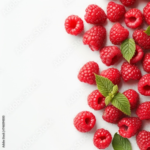 raspberries on a white background with space for text.