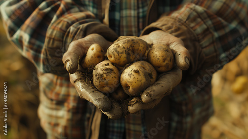 dirty aged hands of a farmer holding a freshly dug potato harvest 