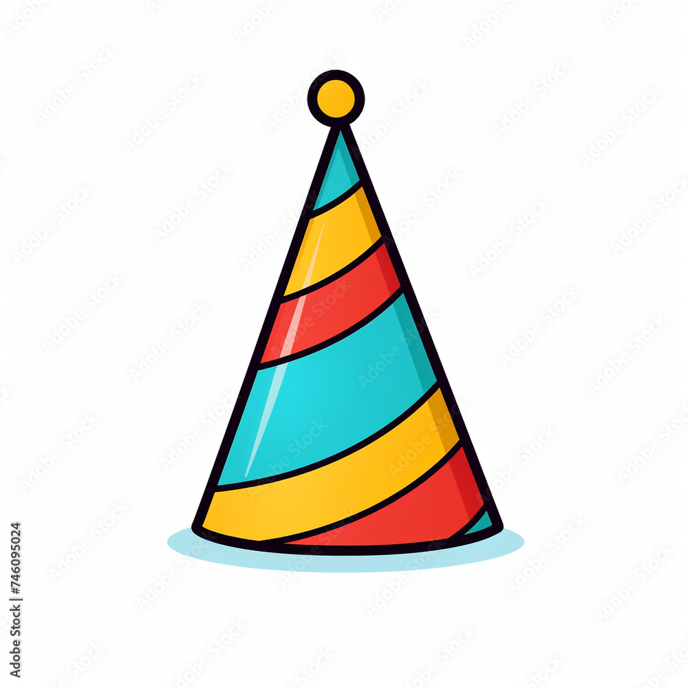 birthday cap, sharp clean and bold black lines, triadic Flat color, isolated on white сreated with Generative Ai