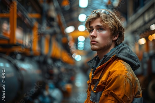 A young person lost in thought, facing large industrial machinery, creating a contrast between soft human emotions and hard industry