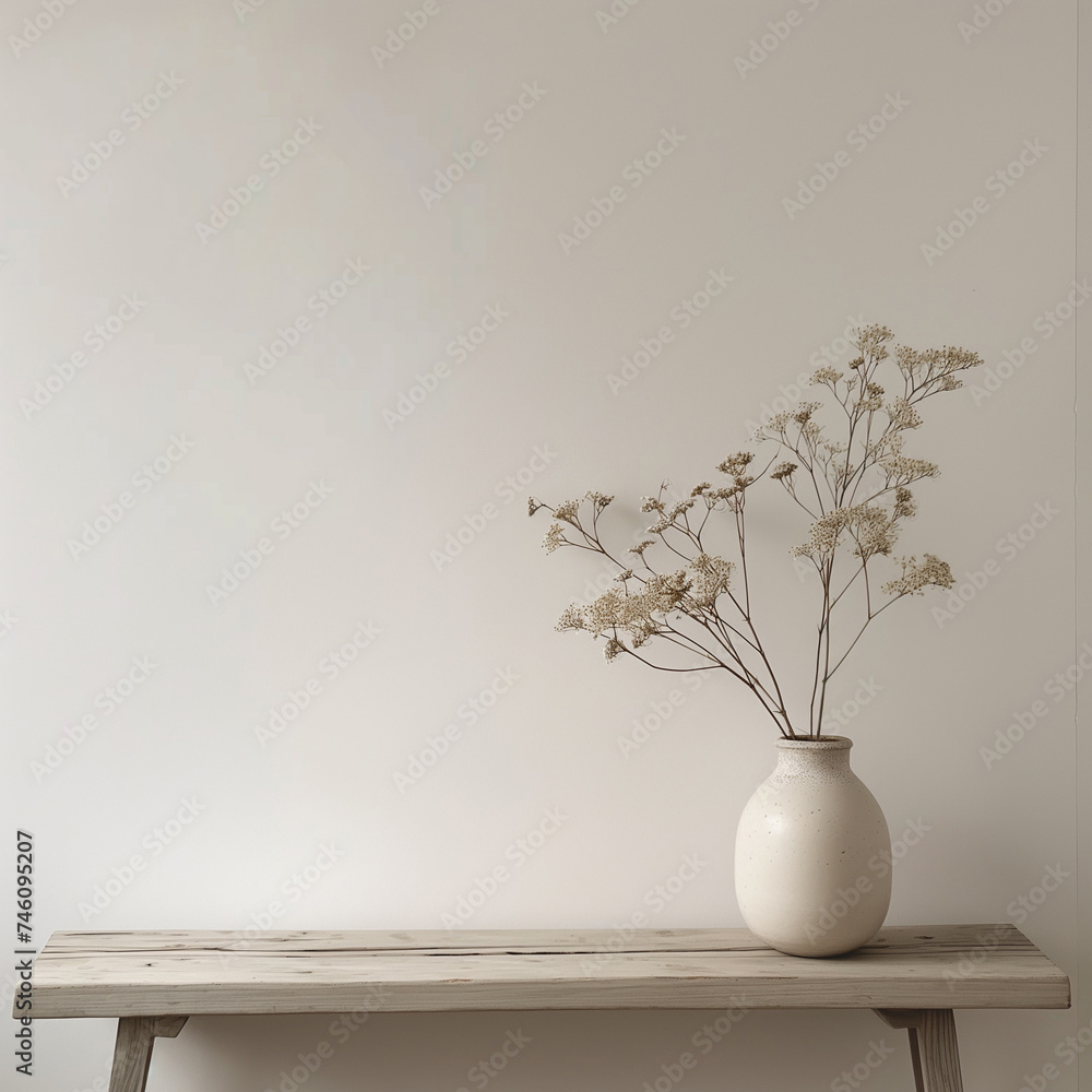 A vase with dried plants on a table against the wall