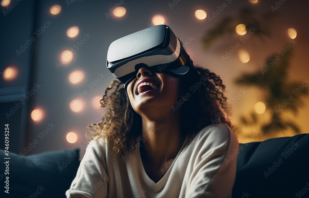 A woman wearing virtual glasses and playing a virtual reality video game on a sofa A woman wearing virtual glasses and playing a virtual reality video game on a sofa