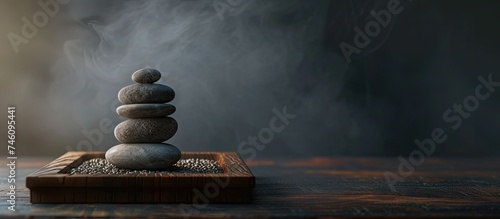 A stack of spa stones is neatly placed on top of a wooden table tray, set against a dark backdrop. The rocks are balanced atop each other, creating a visually interesting composition. photo