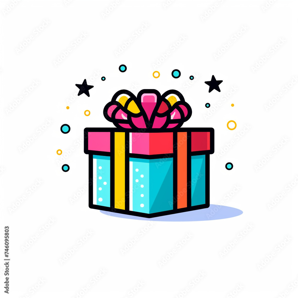 gift box, sharp clean and bold black lines, triadic Flat color, isolated on white сreated with Generative Ai