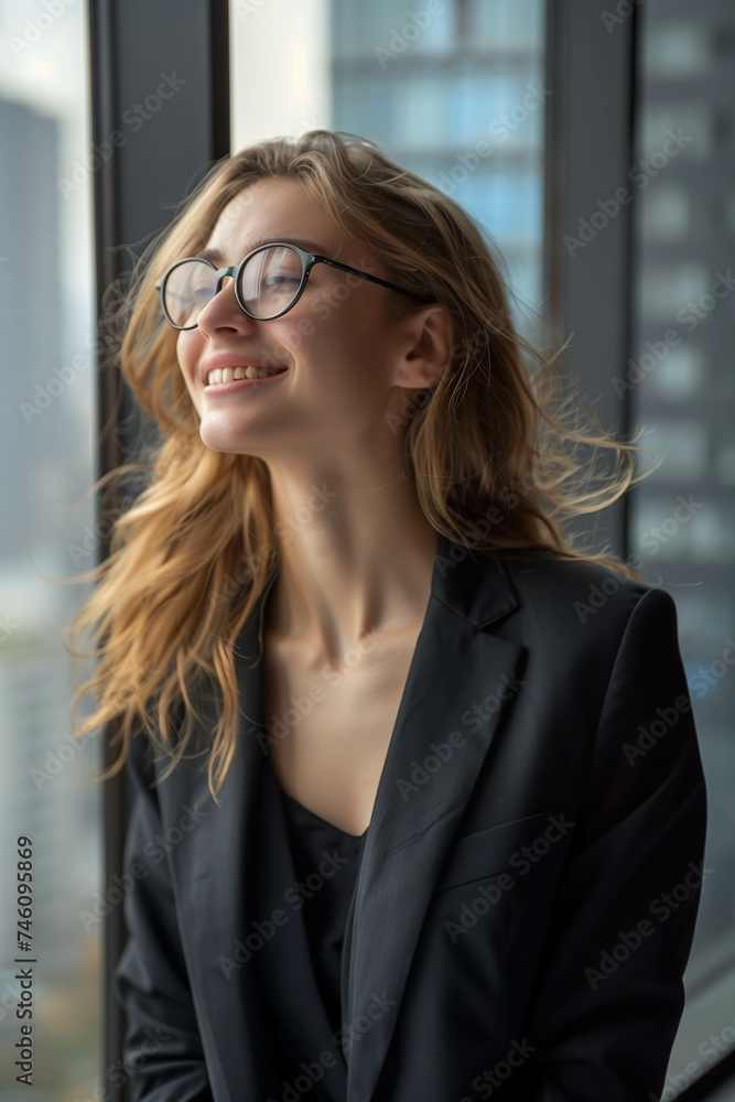 Caucasian businesswoman smiling with confidence in office. Caucasian businesswoman smiling with confidence in office.