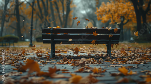 Upright bench in the park in autumn.