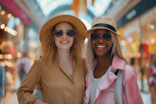 Shopping friends, two young interracial girls with sunglasses inside a shopping mall, smiles on a shopping day