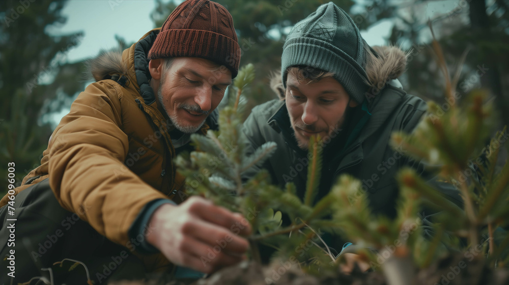 Caucasian father and son planting trees in the forest. - obrazy, fototapety, plakaty 