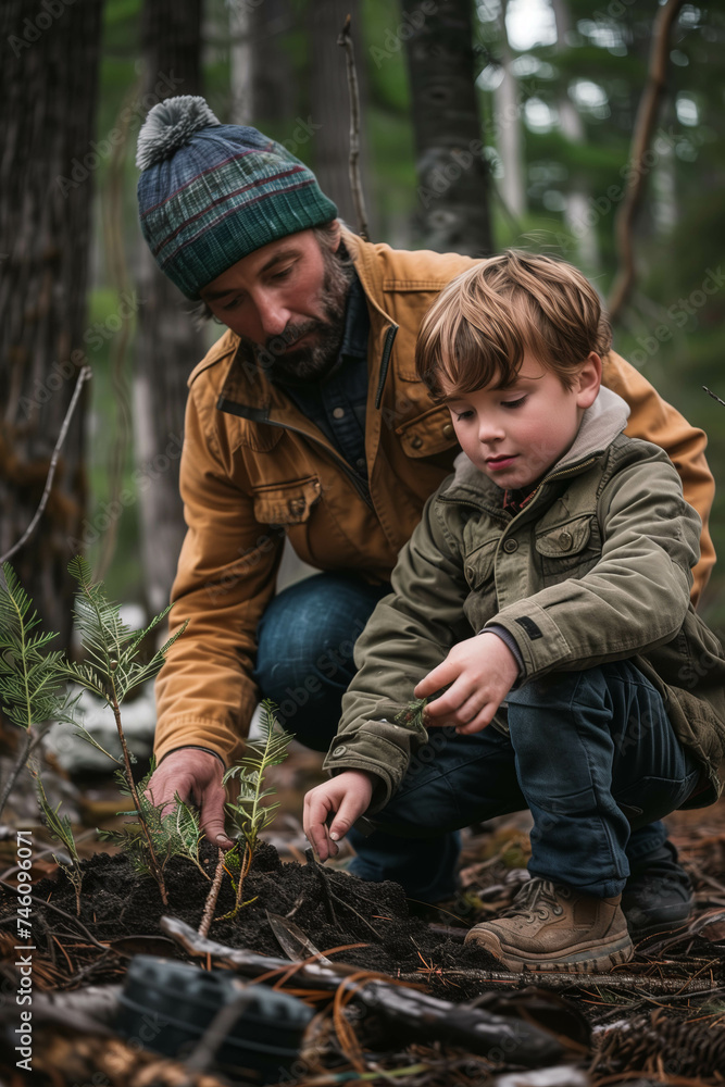 Caucasian father and son planting trees in the forest. Caucasian father and son planting trees in the forest.