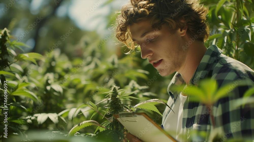 Caucasian male farmer inspects cannabis plants in outdoor farm.