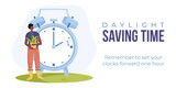 Daylight saving time begins. Spring forward web banner, poster. Vector illustration with alarm clock in minimalist style and man in african ethnicity with pot of flower in hands in flat style.