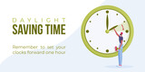 Daylight saving time begins. Spring forward web banner, poster. Vector illustration with indian man with bouquet of flowers in hand turning clock hour ahead.