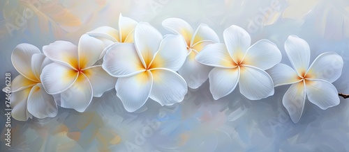 This painting depicts white flowers with yellow centers, known as Frangipani Plumeria, in full bloom. The artist captures the serenity of these blossoms with delicate brushstrokes and vivid colors.