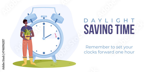 Daylight saving time begins. Spring forward web banner, poster. Vector illustration with alarm clock in minimalist style and man in african ethnicity with pot of flower in hands in flat style.