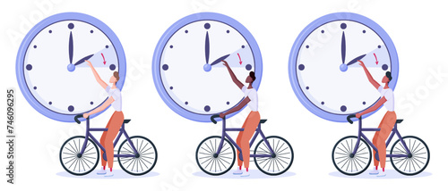 Daylight saving time begins concept. Spring forward vector illustration set. Flat style clock and diverse ethnicity men on bicycle turning clock hand an hour forward.