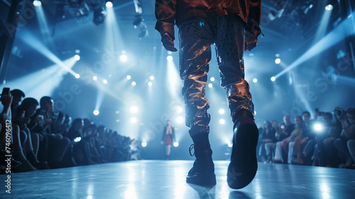 Caucasian male model in fashion clothes walks on the catwalk.