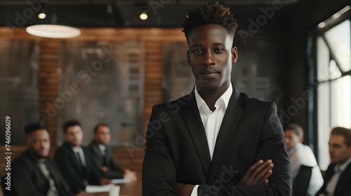 African male businessman stands in front of a conference table and poses with confidence in the office.