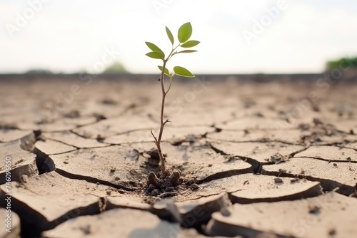 Young plant sprouting in cracked drought-affected soil. Life in Arid Land. Tree Growing in Drought