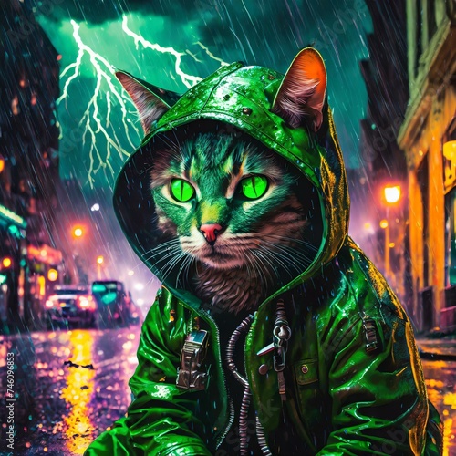 Gato de olhos verdes misterioso com capuz vagando pelas ruas da cidade a noite sentado na chuva com raio atrás dele. photo