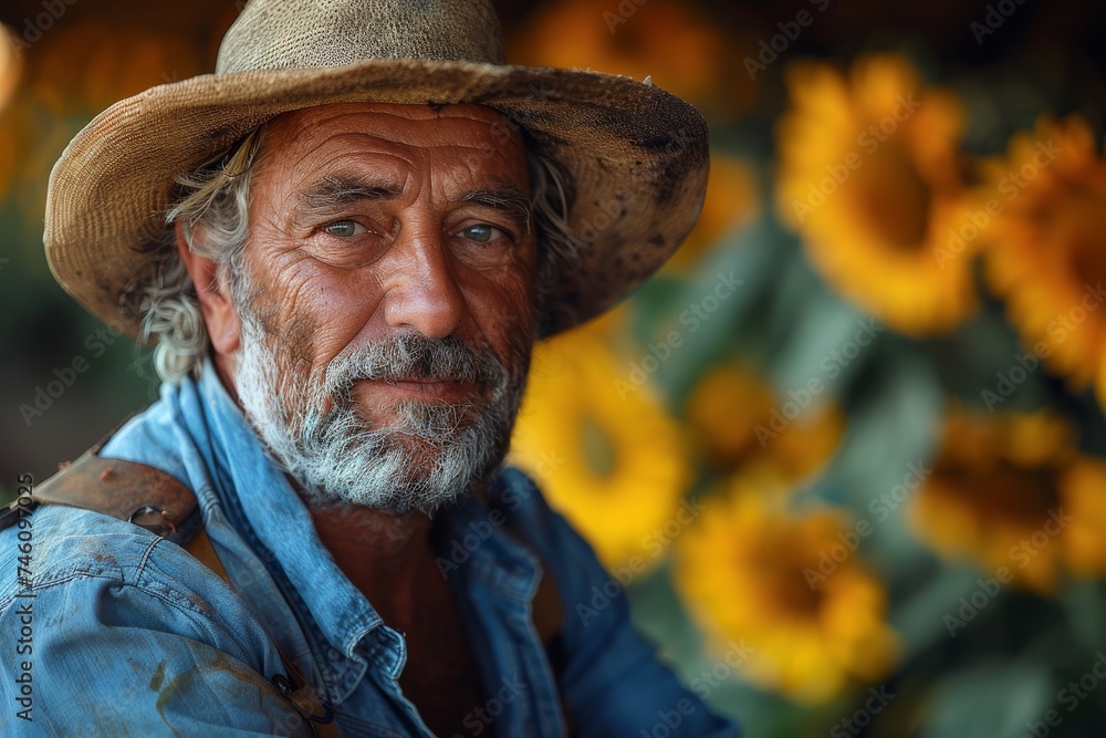 Smiling elder farmer with sunflowers and a straw hat exuding joy and contentment